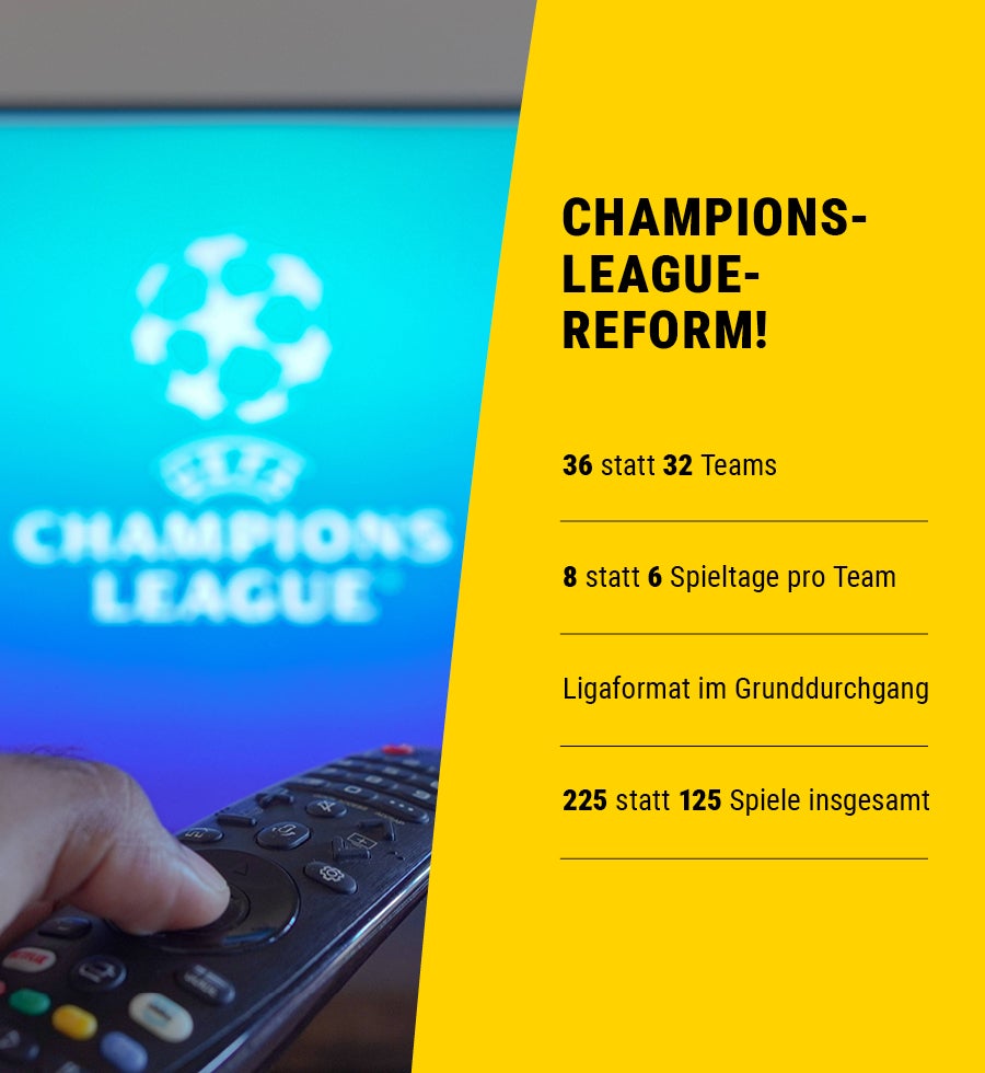 Ein Bild von einer Fernbedienung die einen Fernseher einschaltet. Dazu eine Infografik mit den wichtigsten Champions League Neuerungen: 8 statt 6 Spieltage, Ligaformat im Grunddurchgang, 36 statt 32 Teams und 225 statt 125 Spielen.
