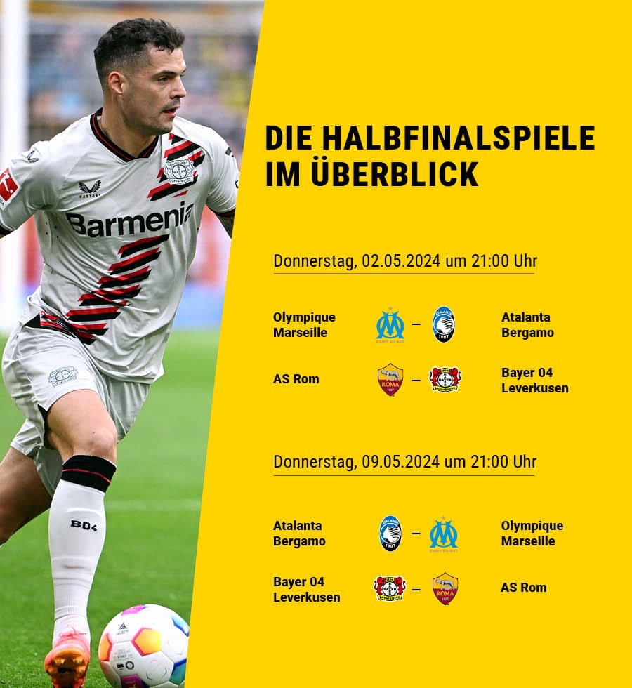 Auflistung der beiden Halbfinalduelle. Daneben ein Bild von Granit Xhaka am Ball.