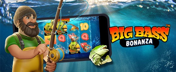 Auf dem Titelbild von Big Bass Bonanza sind ein Angler mit Angelrute in der Hand und ein grüner Barsch zu sehen, im Hintegrund sieht man Wasser.