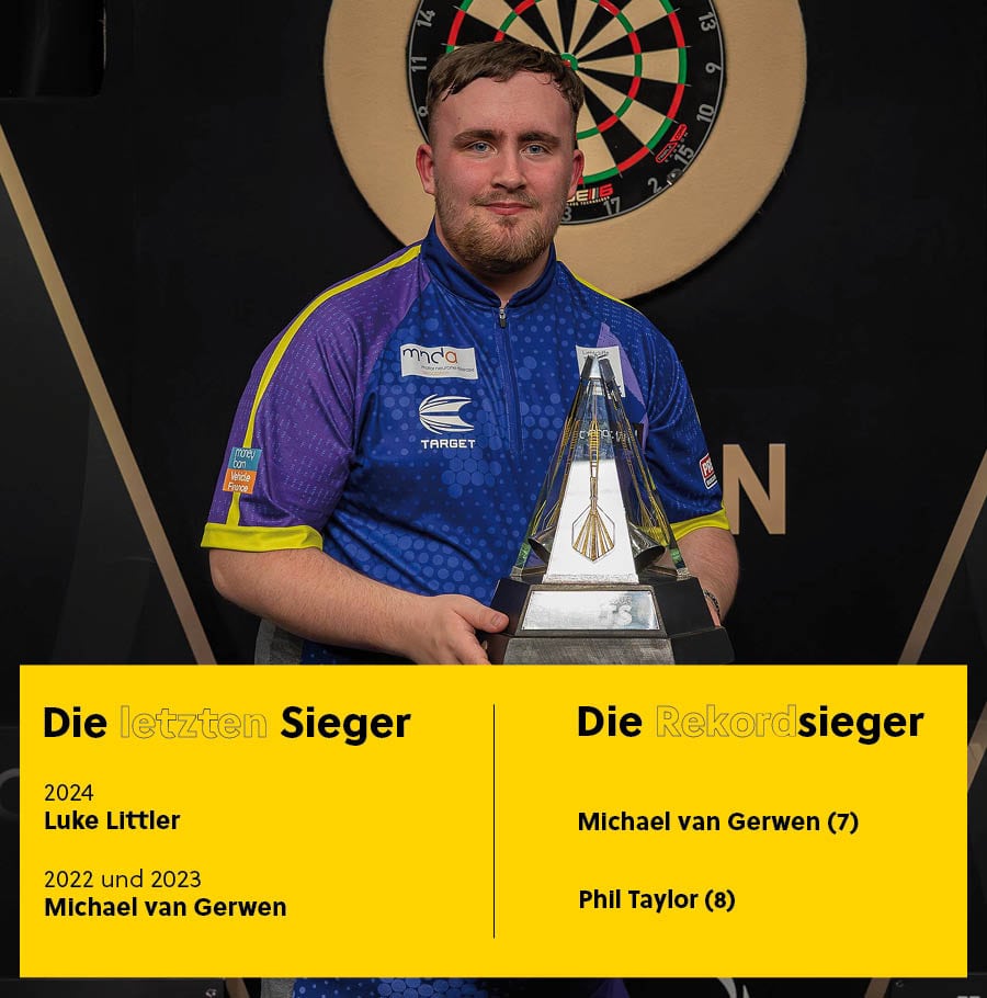 Der Gewinner der Premier League Darts 2024 Luke Littler mit dem Pokal. Dazu eine Übersicht der letzten Sieger.