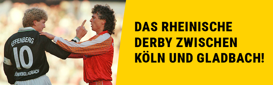 Gladbachs Stefan Effenberg (li.) gestikuliert mit Kölns Toni Polster (re.).