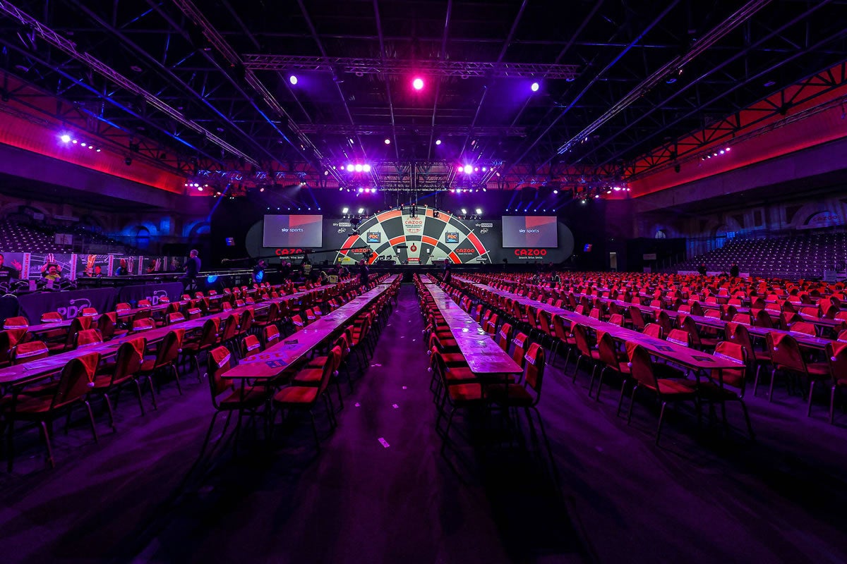Ein Bild des leeren Ally Pally, auf dem alles für die Weltmeisterschaft bereits hergerichtet ist.
