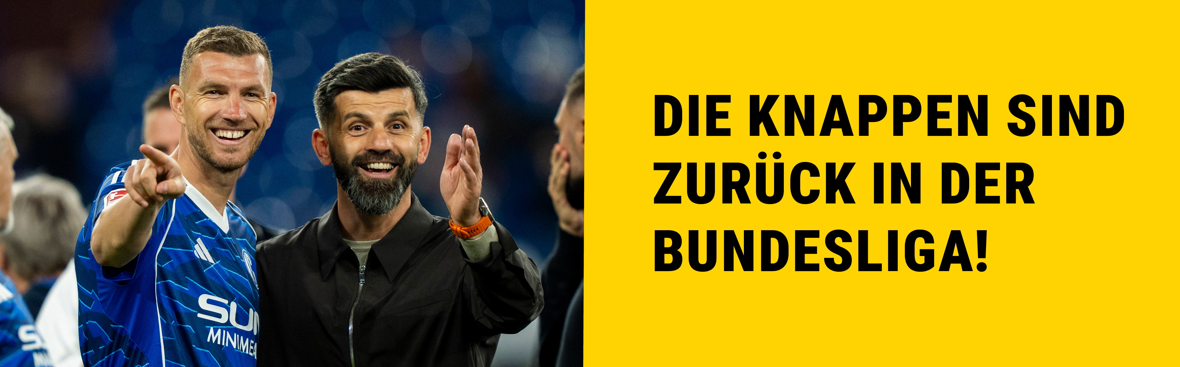 Foto von Stürmer Edin Dzeko und Trainer Miron Muslić vom FC Schalke 04 mit Text 