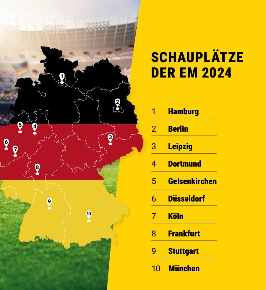 Auflistung der zehn Austragungsorte der EM 2024 samt Markierungen auf einer Deutschland Karte.