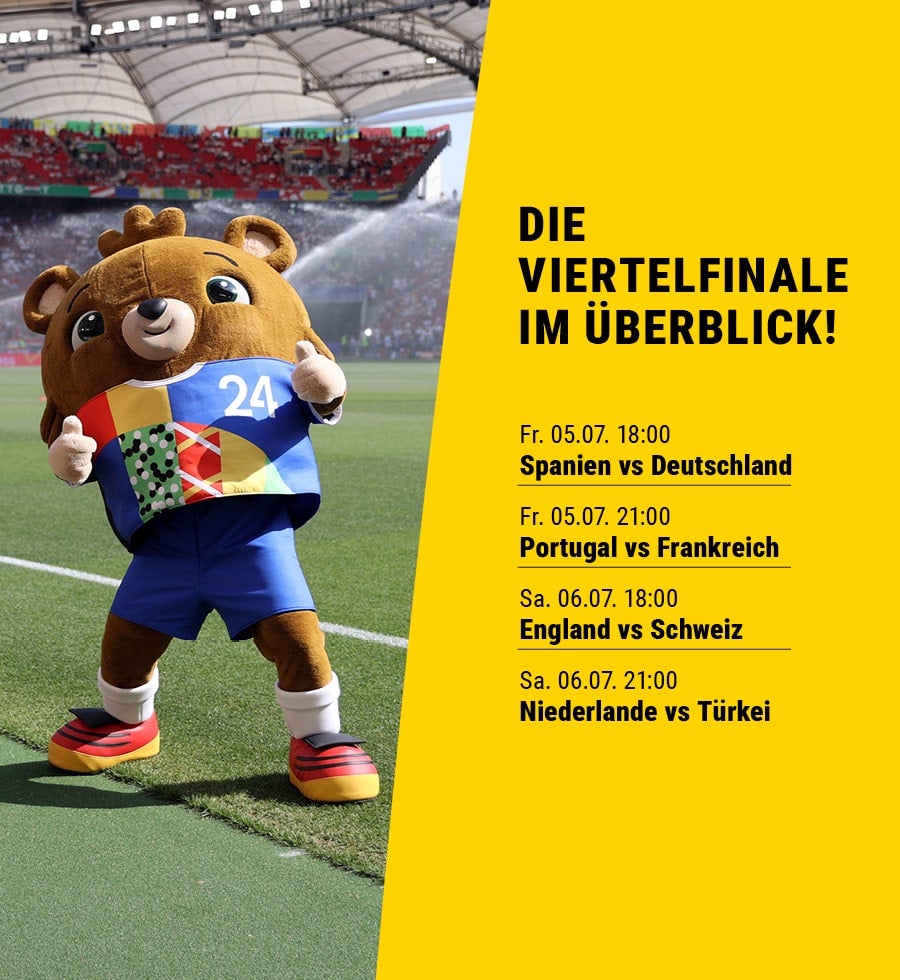 Eine Auflistung sämtlicher EM Viertelfinalbegegnungen. Daneben ein Bild des Maskottchens der EM.