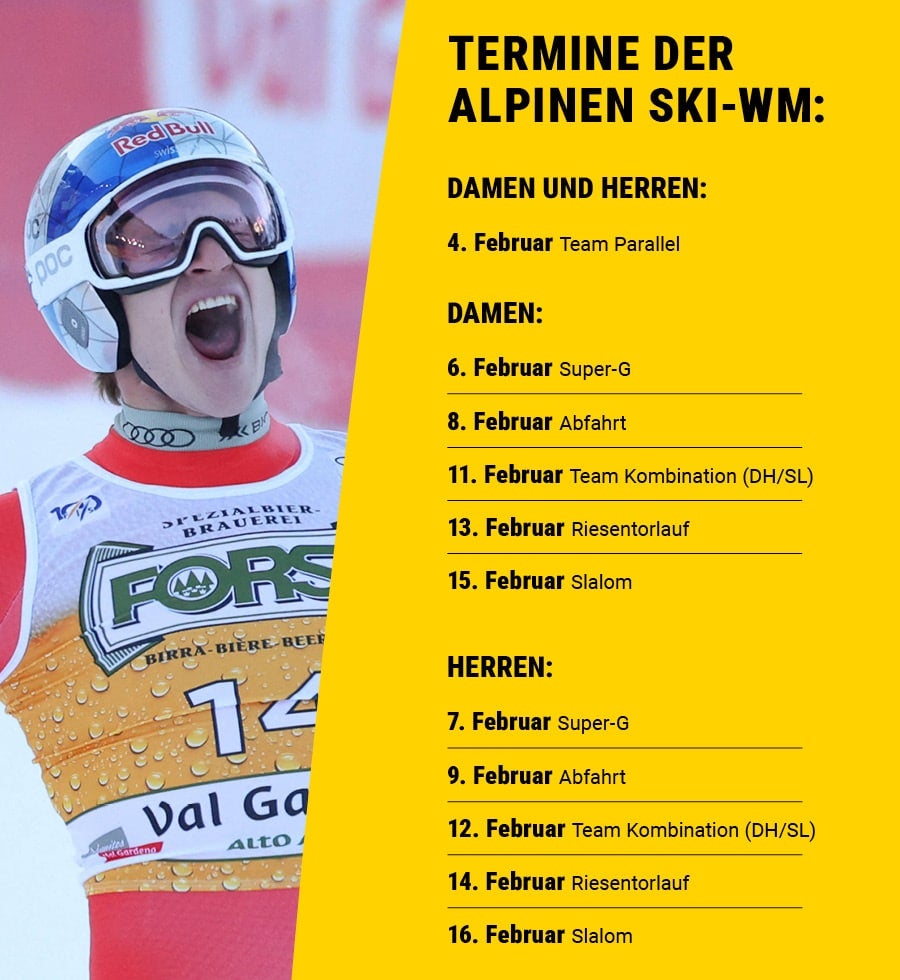 Infografik mit sämtlichen Rennterminen der Alpinen Ski-WM 2025 und ein jubelnder Marco Odermatt