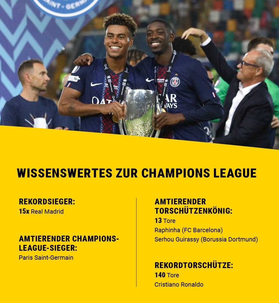 Désiré Doué und Ousmane Dembélé bei der Pokalübergabe und Statistiken zur Champions League.