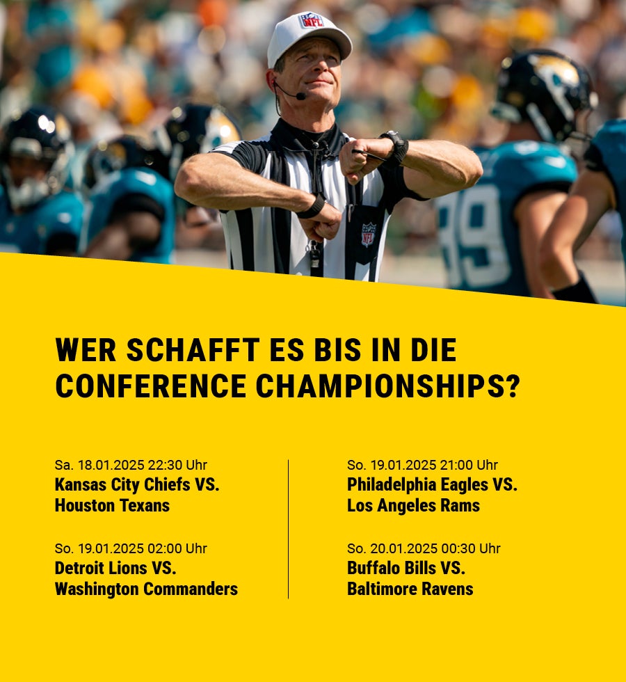 Eine Auflistung sämtlicher Spiele der NFL Wild Divisional Round 2025. Darüber ein Bild eine Schiedsrichters der einen False start signalisiert.