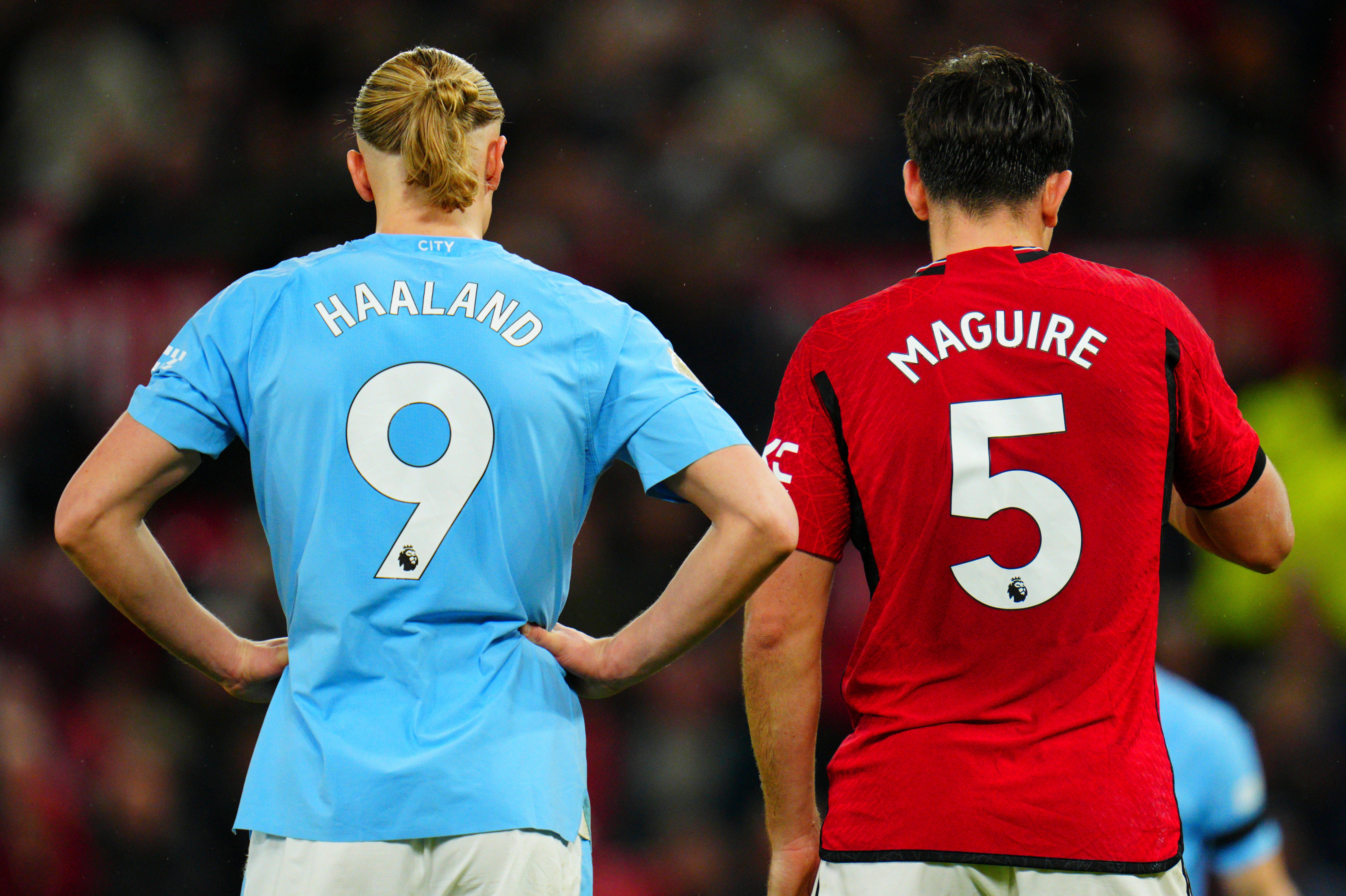 Bild von Erling Haaland (Manchester City, links) und Harry Maguire (Manchester United, rechts).