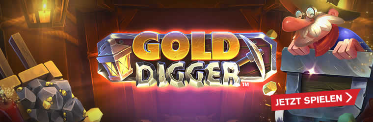 Startbild für Gold Digger mit Goldschürfer Gus, der ein Goldnugget in der Hand hält und ikonoischem “Gold Digger” Logo.