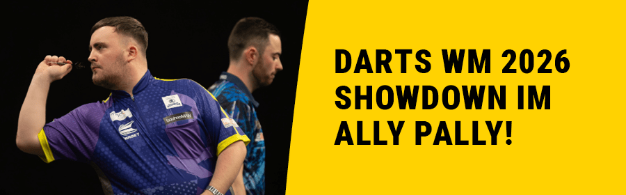 Darts WM 2026. Showdown im Ally Pally! Dazu ein Foto von Luke Littler und Luke Humphries auf der Bühne!