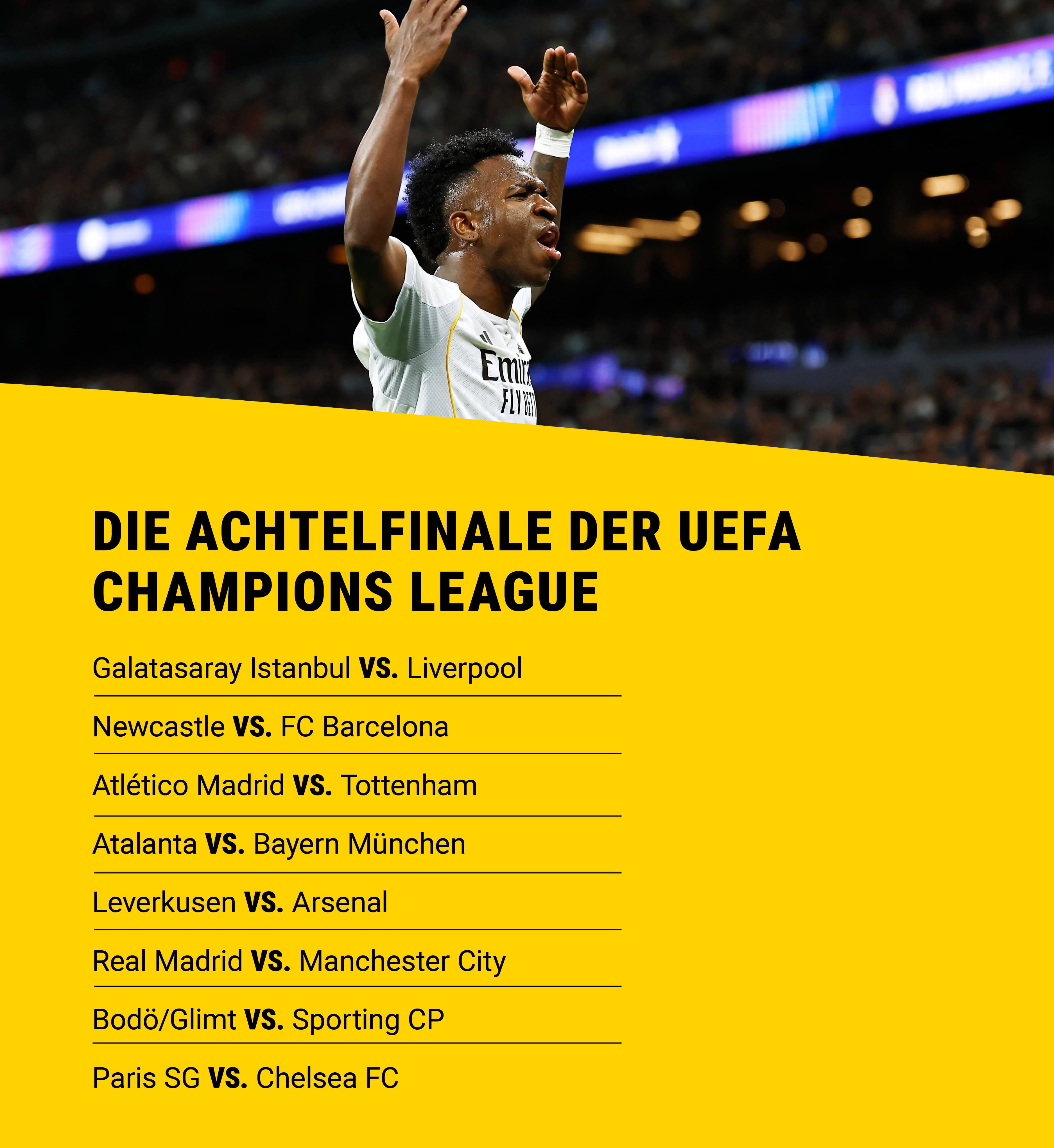 Vinicius Júnior beim Torjubel und alle Duelle im Achtelfinale der Champions League.