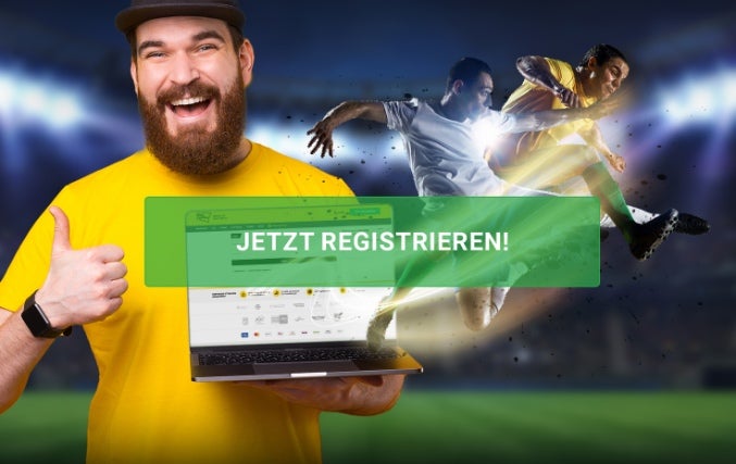 Mann mit Laptop auf dem die interwetten Website zu sehen ist.