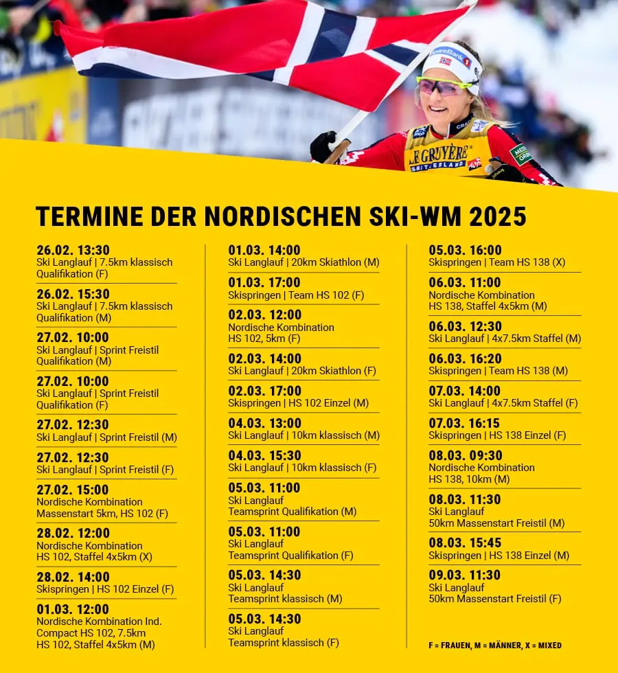 Zu sehen sind Therese Johaug und alle Termine der Nordischen Ski-WM 2025
