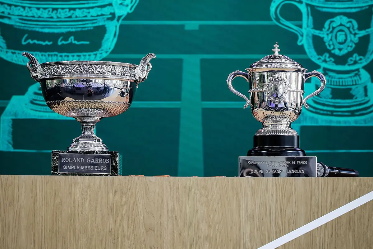 Exhibition of the Roland Garros trophies in the men s and women s individual category during the official draw ceremony for the Roland-Garros 2025