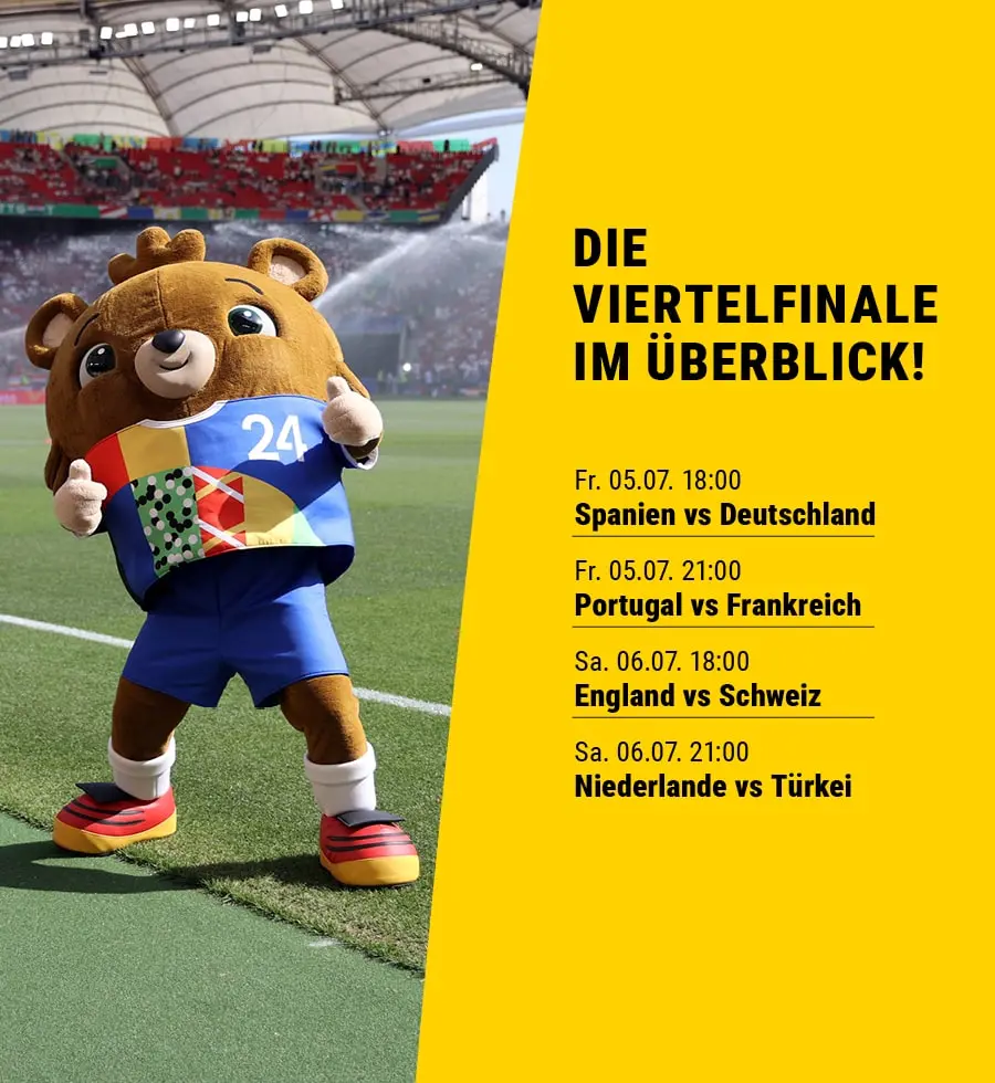 Eine Auflistung sämtlicher EM Viertelfinalbegegnungen. Daneben ein Bild des Maskottchens der EM.