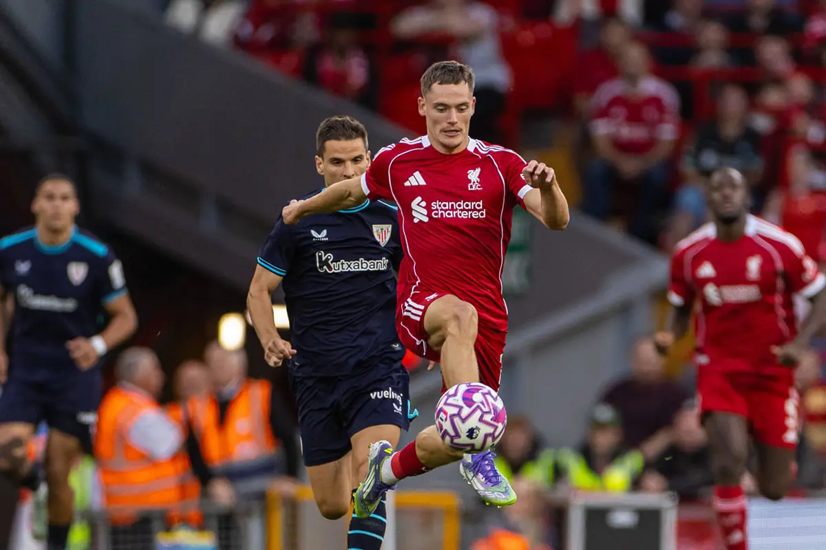 Liverpools record transfer Florian Wirtz controlling the ball.