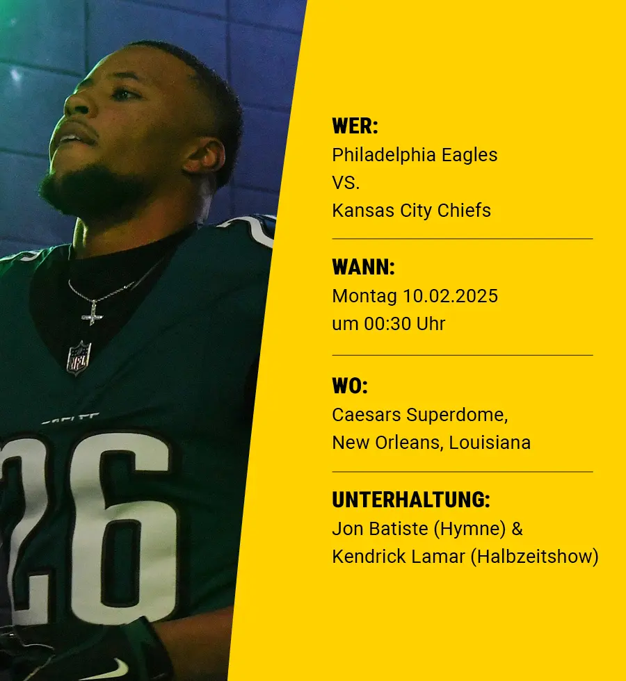 Philadelphia Eagles running back Saquon Barkley im Spielertunnel. Dazu Informationen dazu wer, wann, wo im Superbowl dieses Jahr spielt.