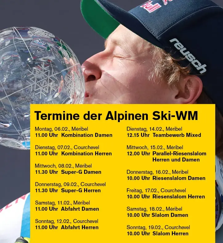 Infografik mit sämtlichen Rennterminen zur alpinen Ski WM 2023